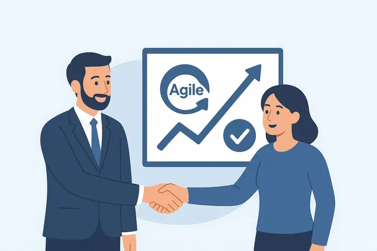 Консультант по проектному управлению помогает бизнесу внедрить Agile-подходы, рукопожатие символизирует успешное сотрудничество