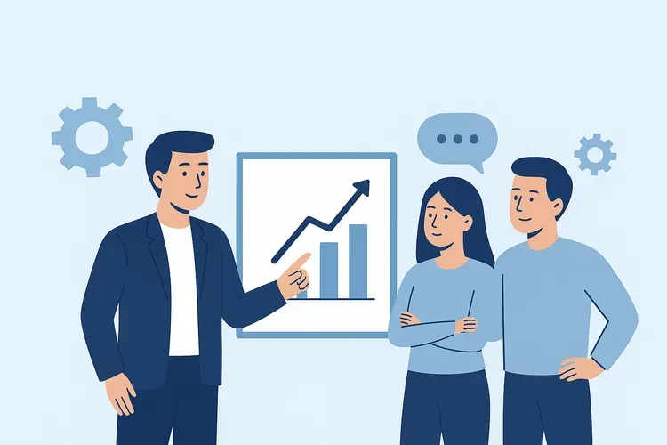 Иллюстрация в плоском стиле: лидер указывает на график роста, двое членов команды внимательно слушают, на фоне шестерни и светло-голубой фон