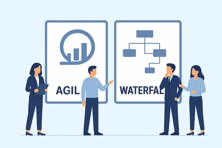 Иллюстрация в минималистичном плоском стиле, сравнивающая подходы Agile и Waterfall. Люди в деловой одежде обсуждают две схемы — график роста, символизирующий гибкость Agile, и блок-схему, отражающую последовательность Waterfall