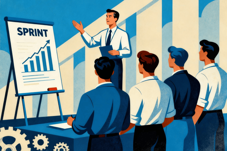 Agile внедрение сократило time-to-market: бизнесмен и бизнесвумен жмут руки на фоне графика роста, секундомера и шестерни