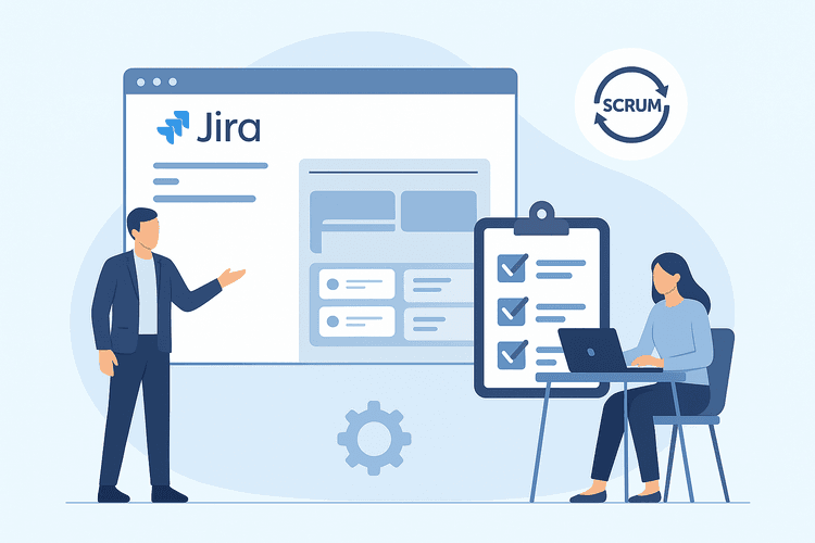 Scrum-команда настраивает Jira: мужчина презентует интерфейс, женщина работает за ноутбуком, рядом чек-лист и логотип Scrum