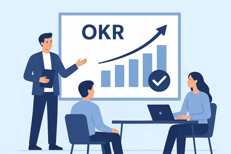 Плоская иллюстрация в светло-голубых тонах, изображающая трёх специалистов за обсуждением целей и ключевых результатов (OKR) в проектном управлении. На фоне видны диаграммы и графики, символизирующие постановку целей