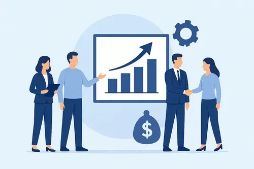 Плоская иллюстрация: женщина в костюме показывает мужчине график роста на доске, рядом иконки диаграммы, чек-листа и шестерни — символы проектных метрик