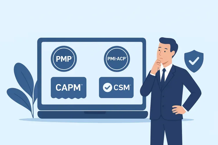 Современная иллюстрация проектного менеджера в костюме перед экраном с логотипами ключевых профессиональных сертификатов: PMP, PMI-ACP, CAPM, CSM, выполненная в сине-бежевой цветовой гамме