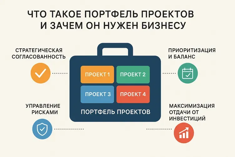 Инфографика о портфеле проектов: чем он полезен бизнесу. Изображён чемодан с четырьмя проектами и иконками, обозначающими стратегическую согласованность, управление рисками, приоритизацию и максимизацию отдачи от инвестиций