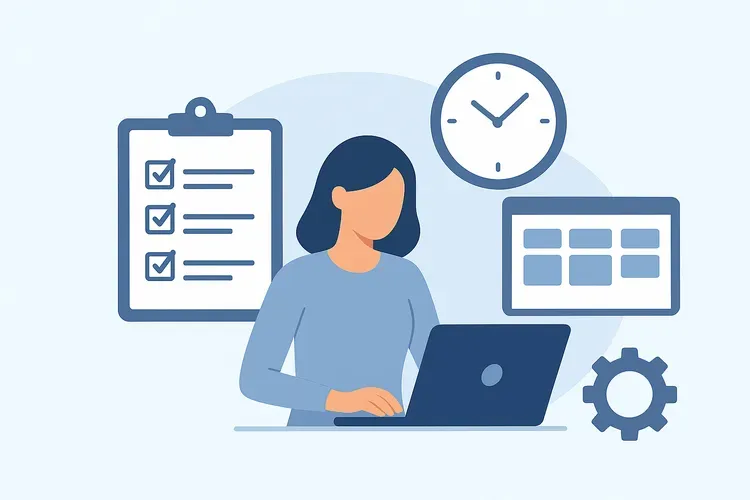 Схематичная иллюстрация женщины за ноутбуком, окружённой чек-листом, часами, доской задач и шестерёнкой, символизирующими управление проектным портфелем в компании