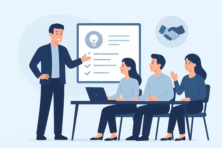 Иллюстрация в плоском стиле: проектный менеджер обсуждает soft skills с командой, подчеркивая мотивацию и управление конфликтами