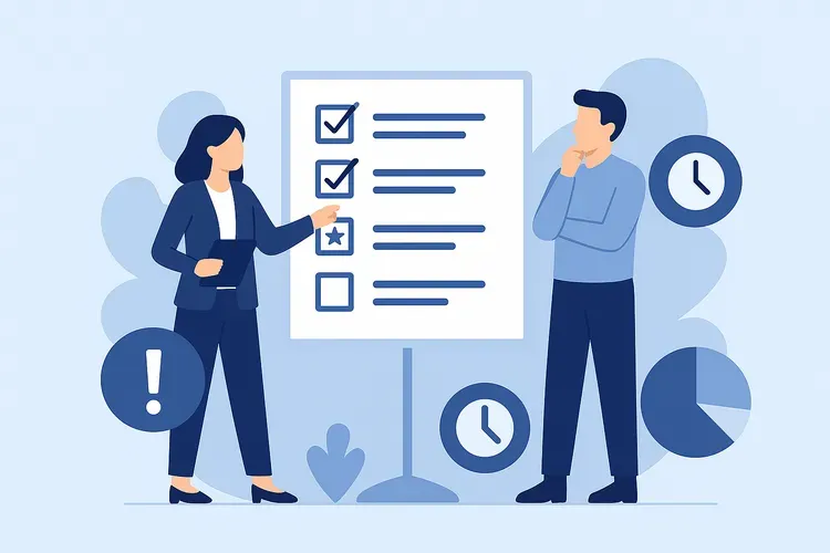 Иллюстрация в плоском стиле, изображающая менеджера проекта, анализирующего приоритеты задач на доске с карточками. Вокруг него — символы времени, эффективности и планирования. Цветовая палитра — светло-голубая и серая, в корпоративном стиле